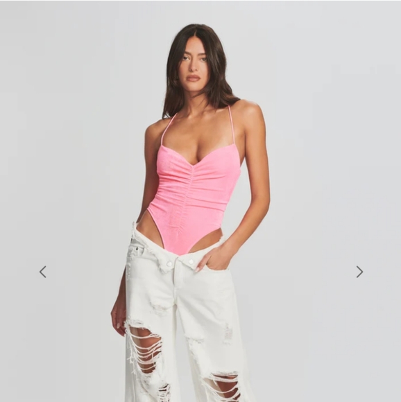 •Classy Chic• Neon Pink Bodysuit with spaghetti straps and ruched detailing NWOT - Picture 3 of 5